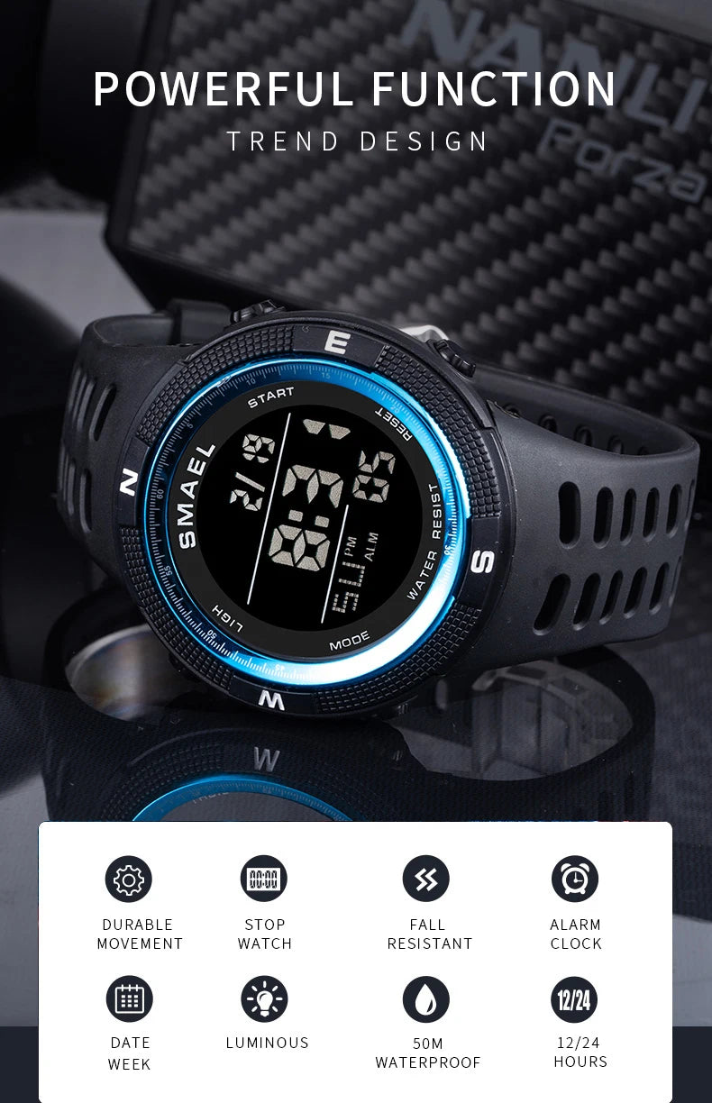 Relógios desportivos à prova dwaterproof água led digital relógio de volta luz alarme semana display cronômetro relógios de pulso 1915 relógio digital para homem