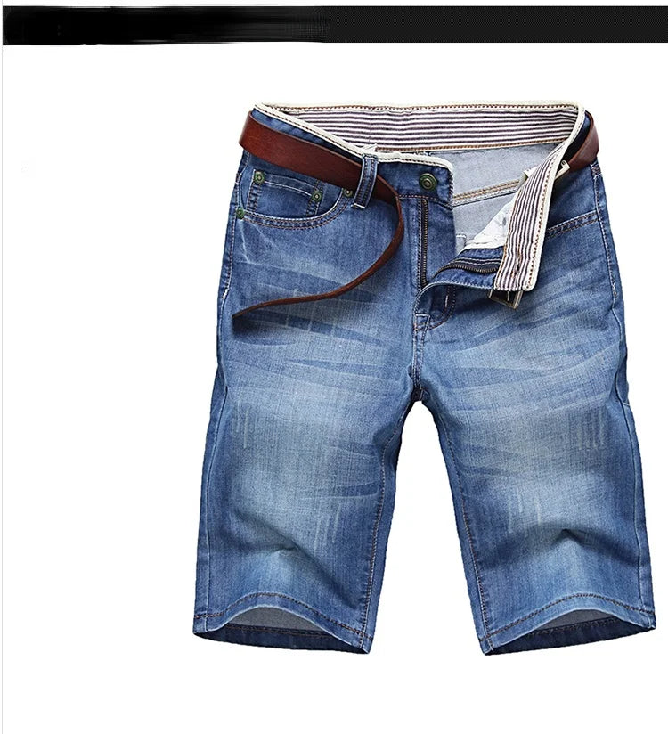 Verão shorts de brim fino para homens de boa qualidade shorts de brim homens de algodão sólido em linha reta jeans shorts masculinos azul casual jeans tamanho 40