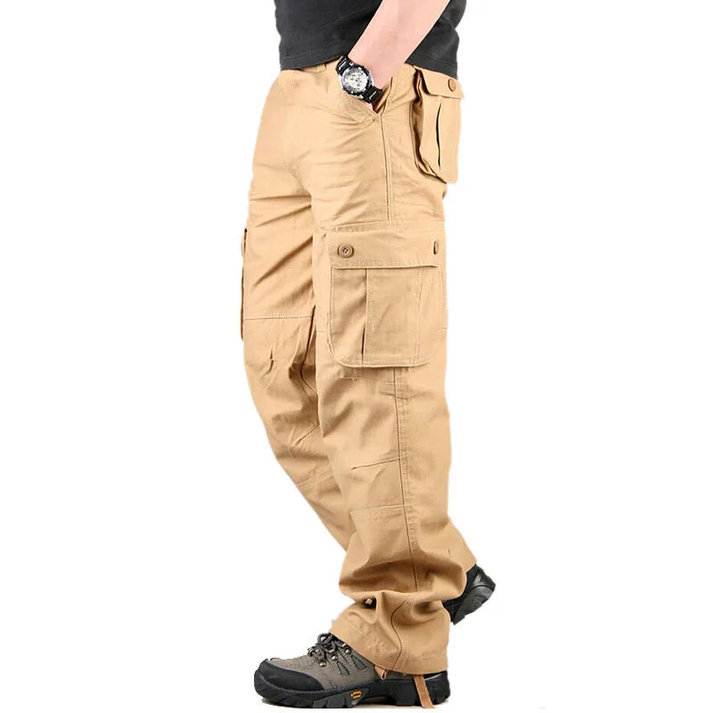 Calça casual masculina com vários bolsos, calça reta solta, outwear esportivo longo, tamanho grande 44, na moda