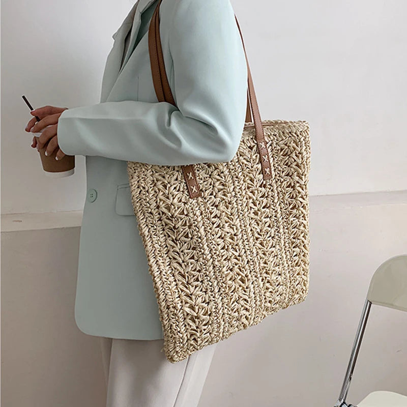 Bolsa de praia de palha oca quadrada artesanal tecido bolsa de ombro ráfia rattan compras saco de viagem boêmio férias de verão casual tote
