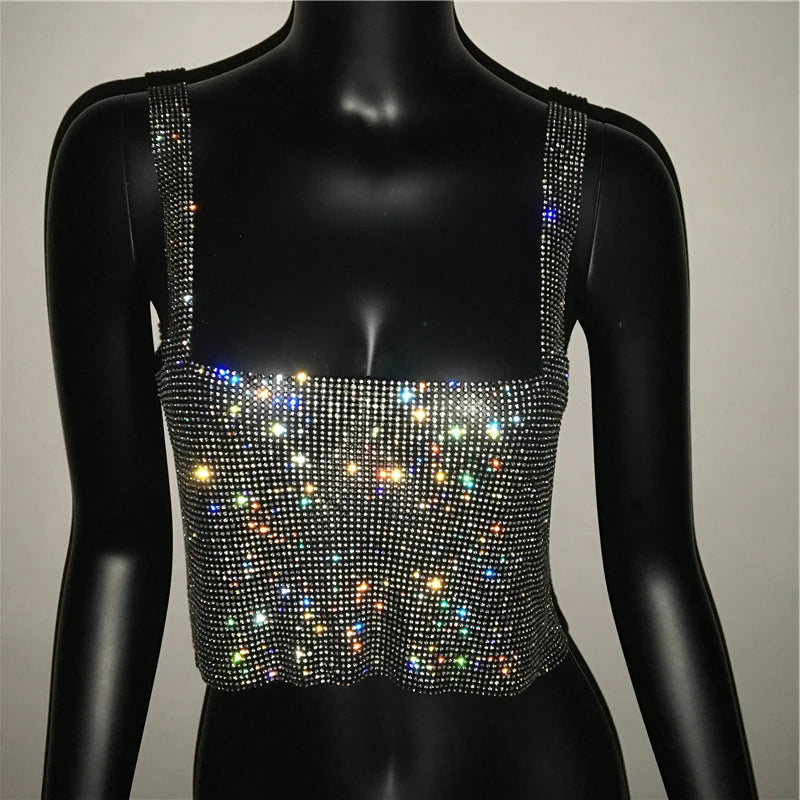 2025 glitter boate sem costas strass regata feminina sexy metal cristal diamantes lantejoulas noite clube festa wear topo de colheita