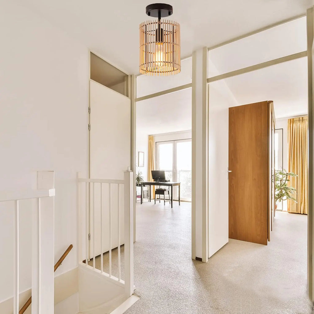 SGLfarmty Boho Semi Flush Mount Ceiling Light Metal Bamboo Shade IP44 Warm White LED 7.87x7.08x10.62 Inches