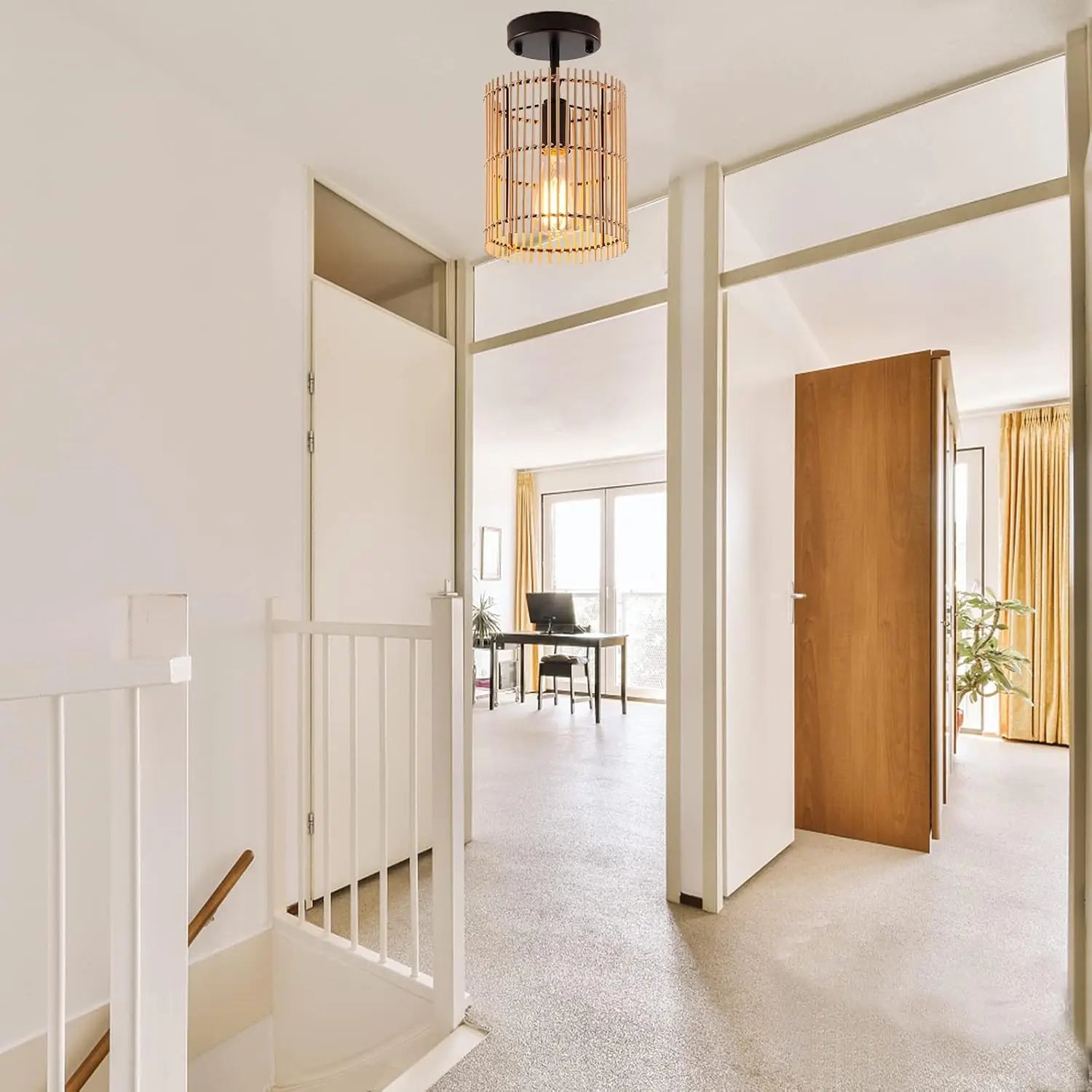 SGLfarmty Boho Semi Flush Mount Ceiling Light Metal Bamboo Shade IP44 Warm White LED 7.87x7.08x10.62 Inches