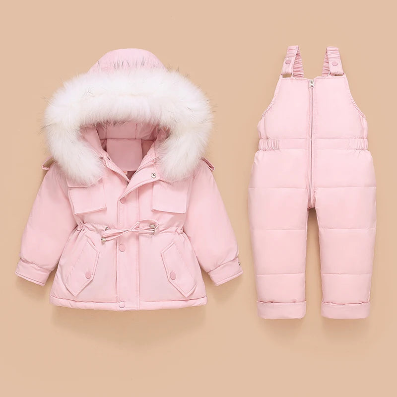 Crianças para baixo casaco jaqueta + macacão crianças da criança menina menino roupas para baixo 2 pçs roupa de inverno terno quente do bebê macacão conjuntos