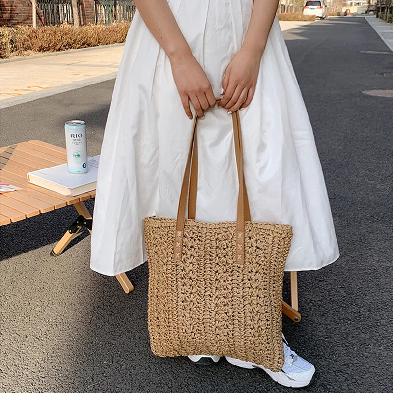 Bolsa de praia de palha oca quadrada artesanal tecido bolsa de ombro ráfia rattan compras saco de viagem boêmio férias de verão casual tote
