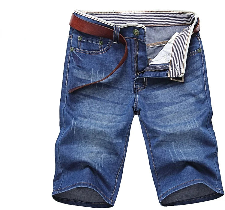 Verão shorts de brim fino para homens de boa qualidade shorts de brim homens de algodão sólido em linha reta jeans shorts masculinos azul casual jeans tamanho 40