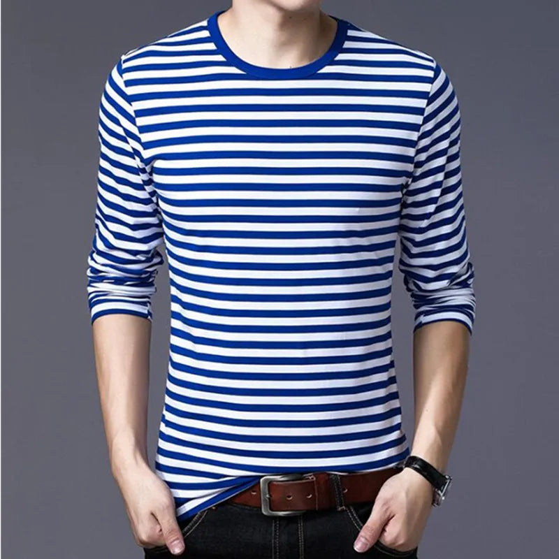 Estilo marinho camisa de manga longa masculina camiseta o pescoço listra t camisa masculina camisa marinha vintage básico 95% algodão camisa