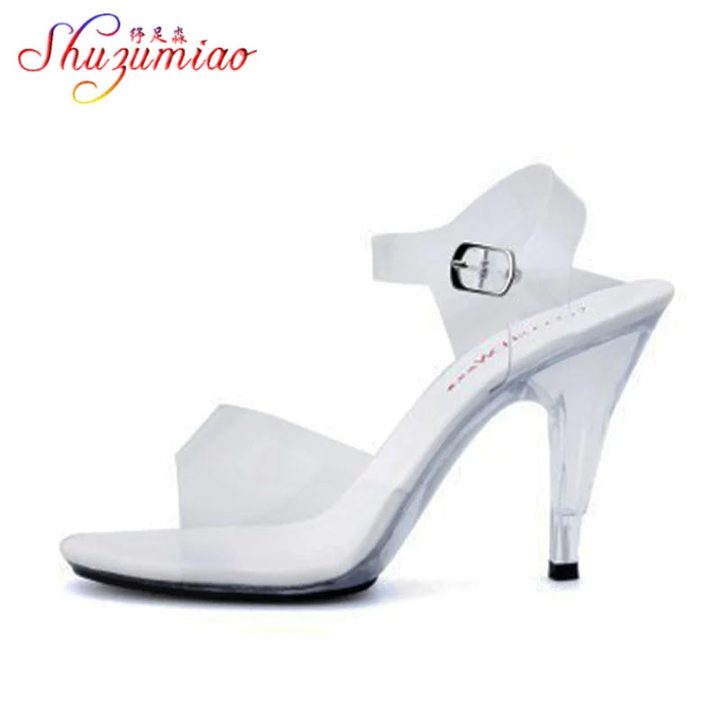 Sandálias de dança de tubo de aço feminino qualidade salto ultra-alto 9-20cm transparente cristal senhora sapatos modelo passarela grande quintal