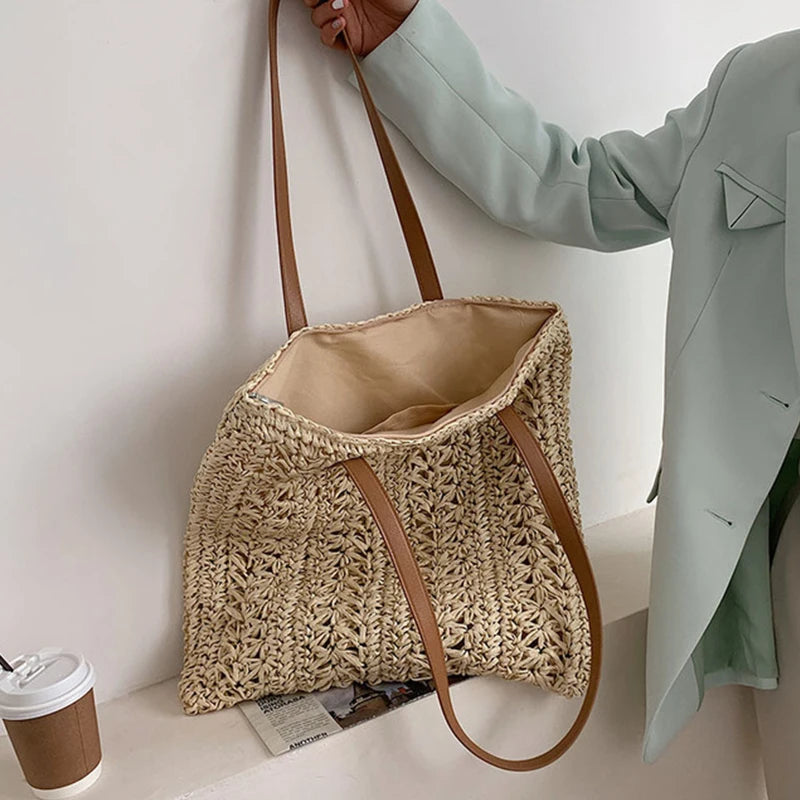 Bolsa de praia de palha oca quadrada artesanal tecido bolsa de ombro ráfia rattan compras saco de viagem boêmio férias de verão casual tote