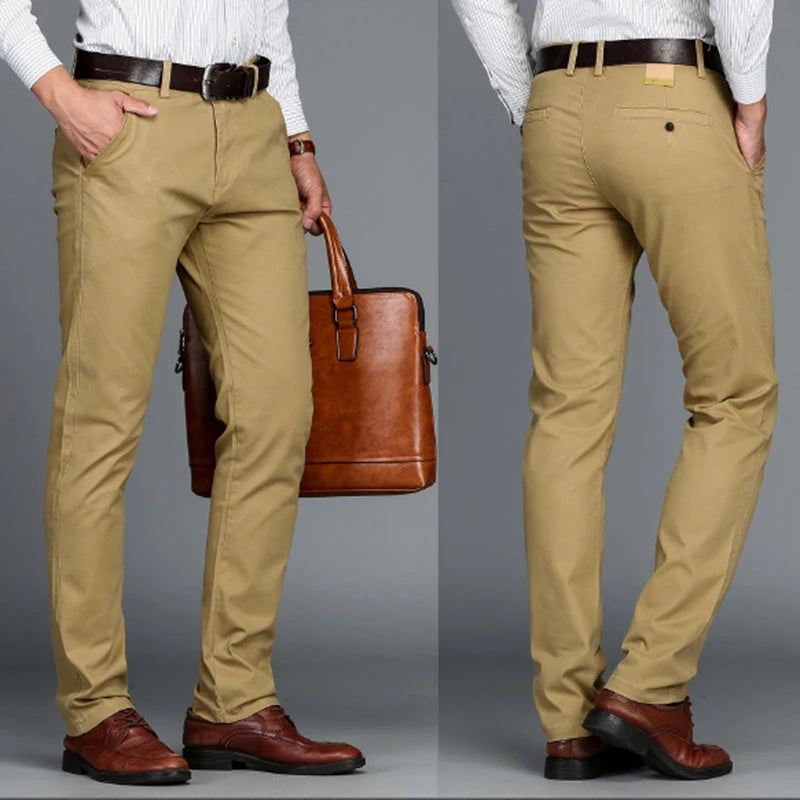 Calças masculinas de algodão casual estiramento calças masculinas homem longo em linha reta alta qualidade 4 cores plus size calça terno 42 44 46