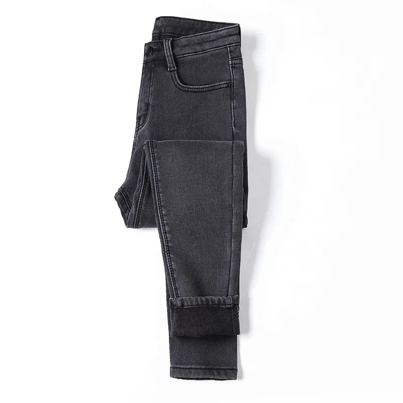 Inverno grosso feminino quente jeans magros simples estiramento veludo velo feminino cintura alta denim lápis calças roupas 36 38 40