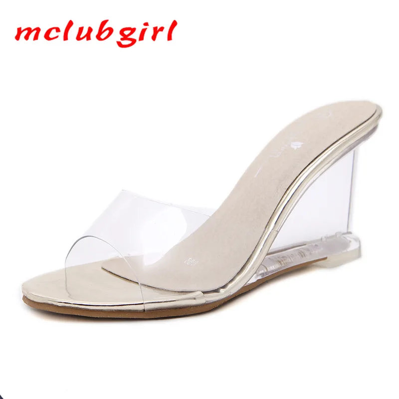 Mclubgirl mclubgirl 2021 sapatos femininos saltos 8cm sandálias de salto cunha sapatos femininos sandálias de cristal transparente chinelos sanda