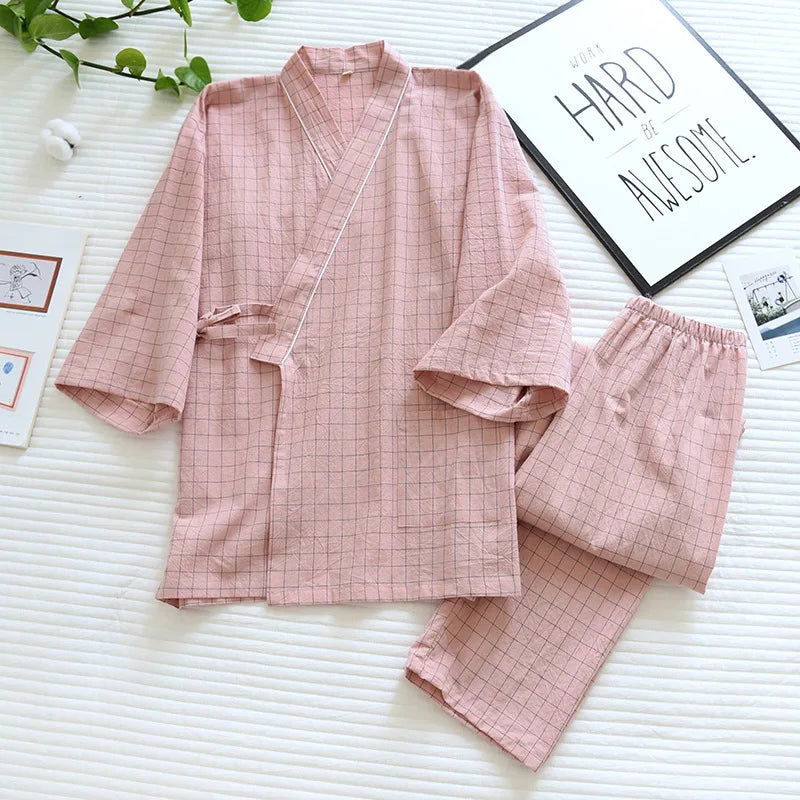 Pijama quimono xadrez e xadrez para casal, pijama de algodão lavado com decote em v, roupas de dormir de três quartos, fino para homens e mulheres, 2 peças