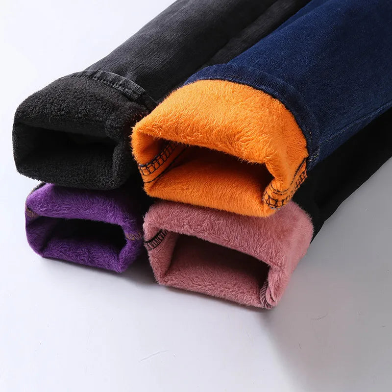 Inverno grosso feminino quente jeans magros simples estiramento veludo velo feminino cintura alta denim lápis calças roupas 36 38 40