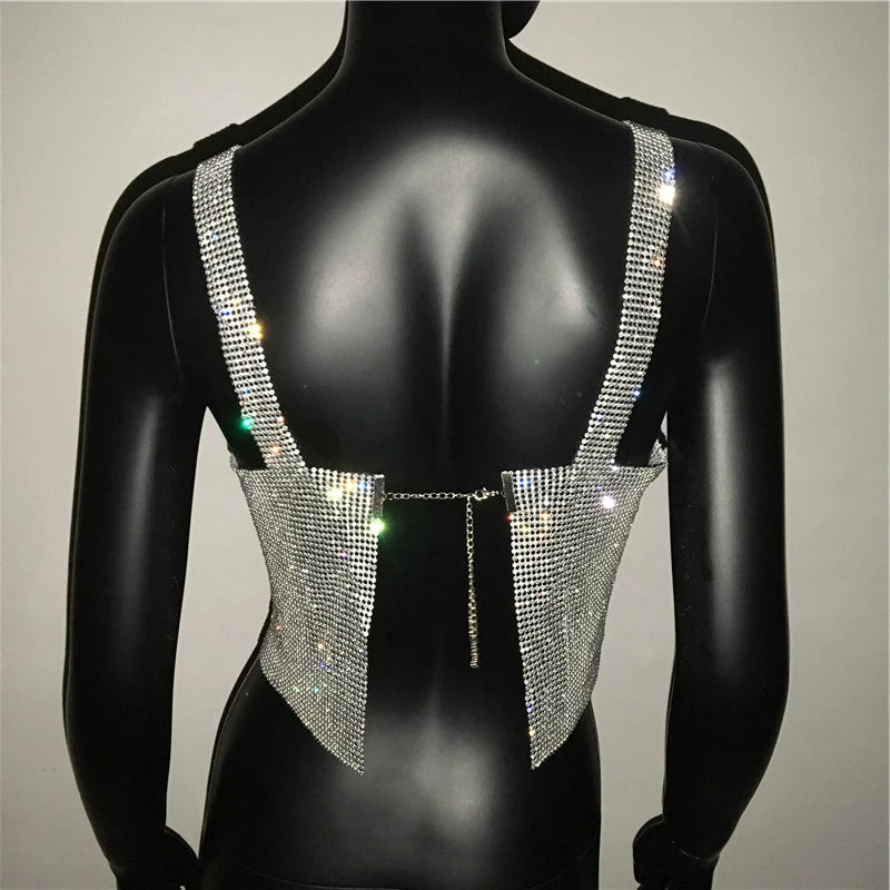 2025 glitter boate sem costas strass regata feminina sexy metal cristal diamantes lantejoulas noite clube festa wear topo de colheita