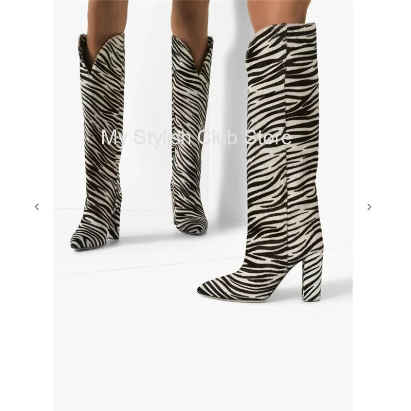 Zebra padrão joelho botas altas mulheres imitação de cabelo de cavalo botas de camurça 11 cm botas de salto redondo primavera outono nova chegada botas altas