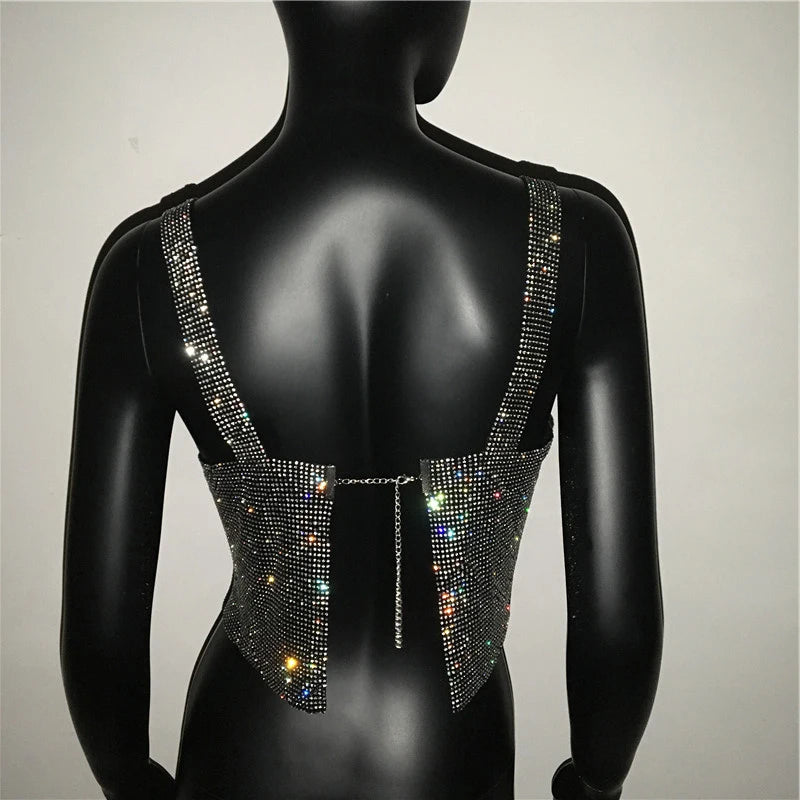 2025 glitter boate sem costas strass regata feminina sexy metal cristal diamantes lantejoulas noite clube festa wear topo de colheita