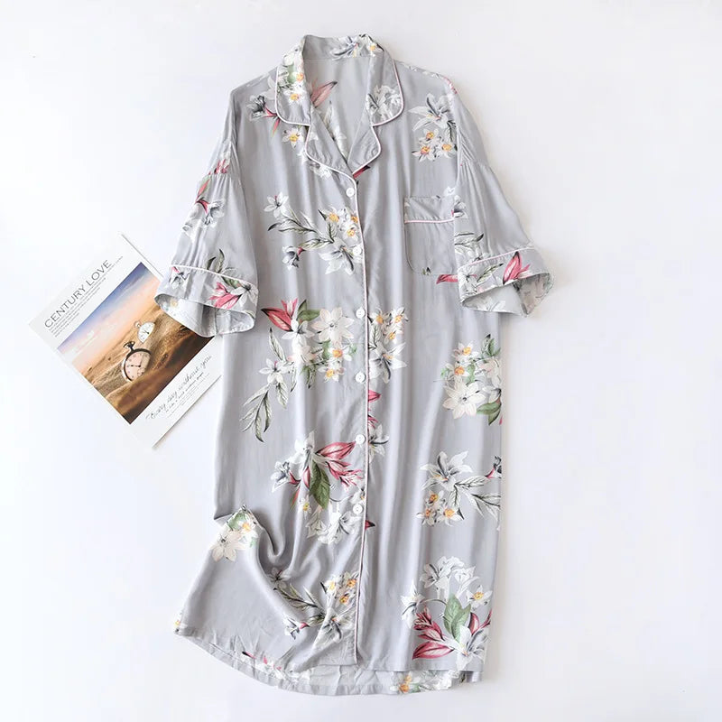 Verão outono casual noite feminina manga curta flor camisola solta sleepwear 100% viscose sleepwear para mulher