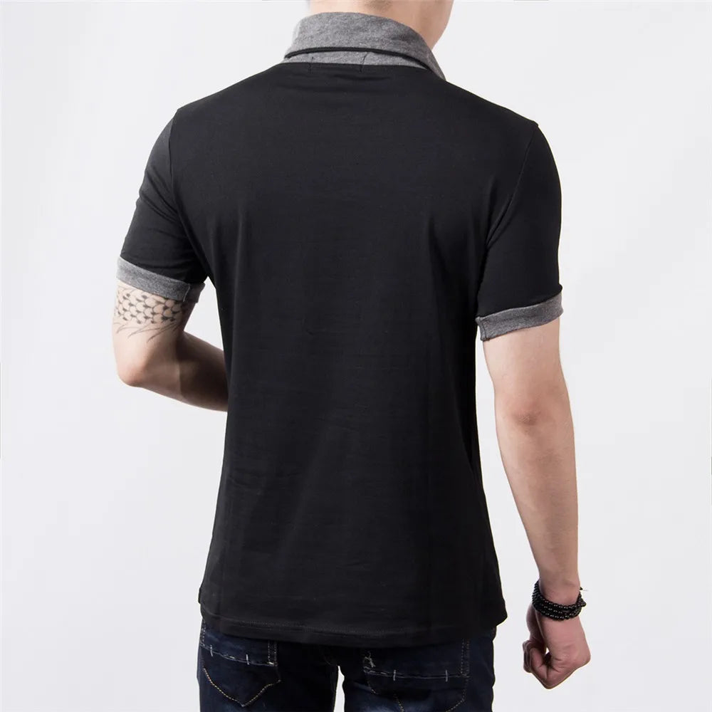 Novas Camisetas Masculinas Plus Size de Verão 2026, Moda Slim, Manga Curta, Patchwork, Decote em V, Camiseta Preta de Algodão para Homens