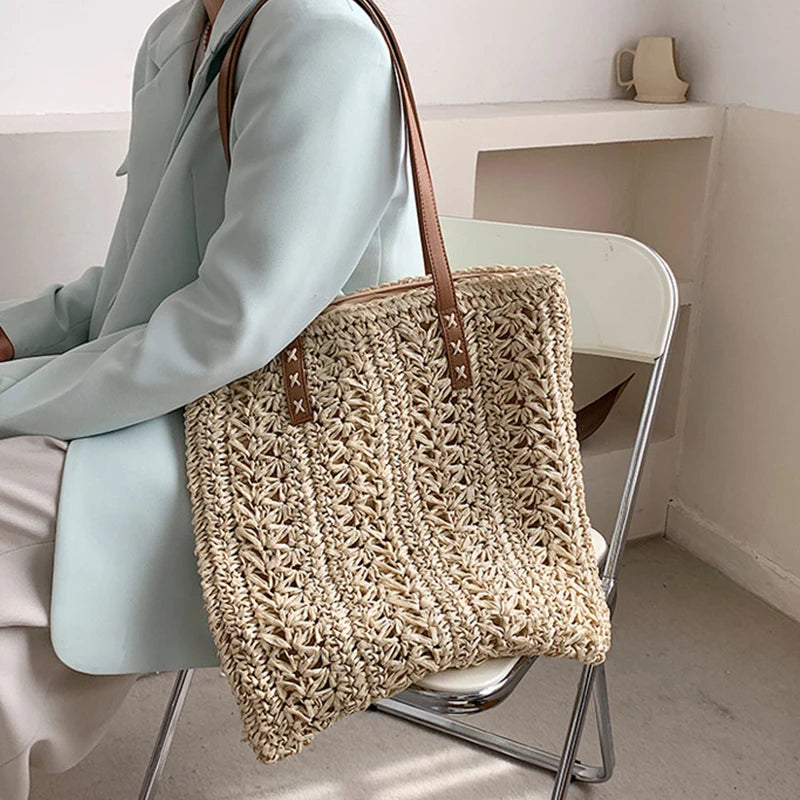 Bolsa de praia de palha oca quadrada artesanal tecido bolsa de ombro ráfia rattan compras saco de viagem boêmio férias de verão casual tote