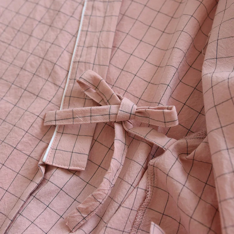 Pijama quimono xadrez e xadrez para casal, pijama de algodão lavado com decote em v, roupas de dormir de três quartos, fino para homens e mulheres, 2 peças
