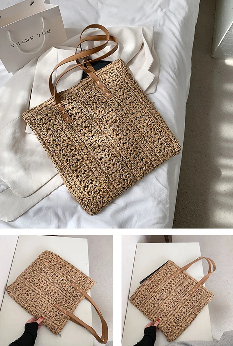 Bolsa de praia de palha oca quadrada artesanal tecido bolsa de ombro ráfia rattan compras saco de viagem boêmio férias de verão casual tote