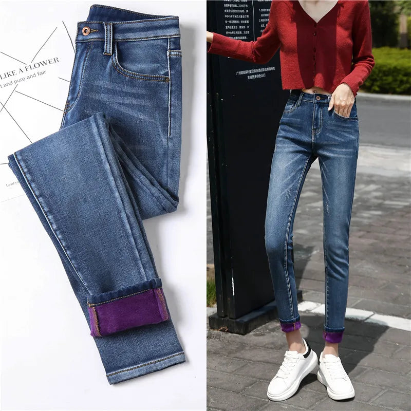 Inverno grosso feminino quente jeans magros simples estiramento veludo velo feminino cintura alta denim lápis calças roupas 36 38 40