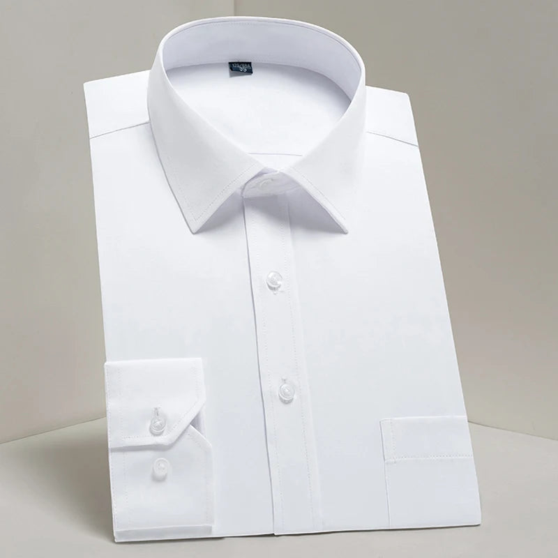 Camisas sociais masculinas clássicas de manga comprida, ajuste padrão, formal, negócios, social, simples, design básico, branco, trabalho, escritório, camisa casual