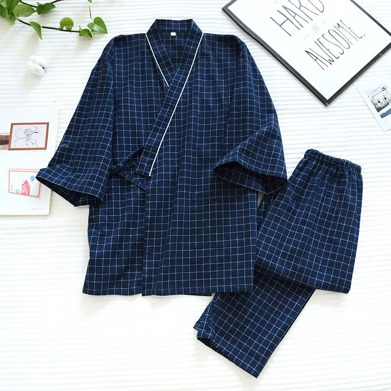 Pijama quimono xadrez e xadrez para casal, pijama de algodão lavado com decote em v, roupas de dormir de três quartos, fino para homens e mulheres, 2 peças