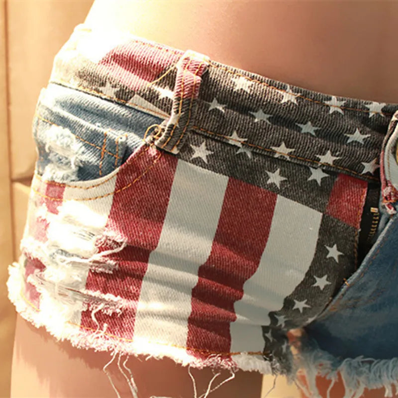 Meados de cintura jeans shorts 2021 feminino nova moda eua bandeira impressa denim pólo dança magro buraco quente calças curtas S-XXL