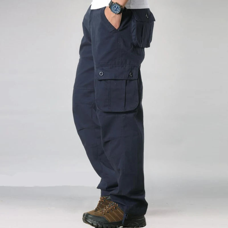 Calça casual masculina com vários bolsos, calça reta solta, outwear esportivo longo, tamanho grande 44, na moda