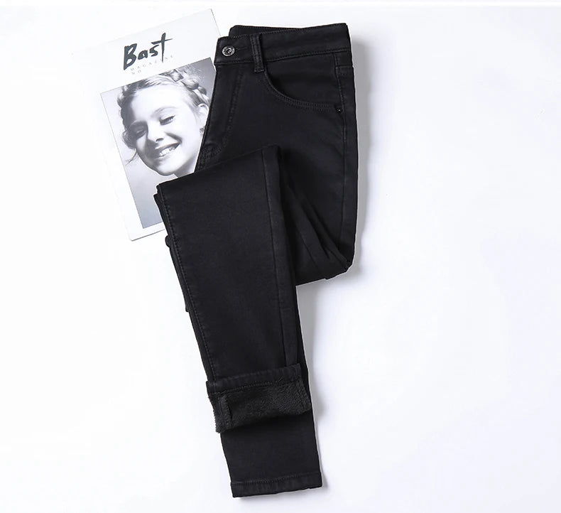 Inverno grosso feminino quente jeans magros simples estiramento veludo velo feminino cintura alta denim lápis calças roupas 36 38 40