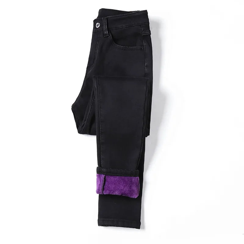 Inverno grosso feminino quente jeans magros simples estiramento veludo velo feminino cintura alta denim lápis calças roupas 36 38 40