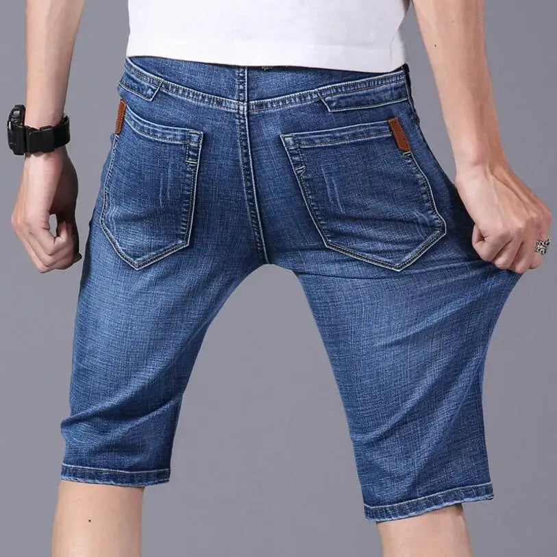 Verão shorts de brim fino para homens de boa qualidade shorts de brim homens de algodão sólido em linha reta jeans shorts masculinos azul casual jeans tamanho 40