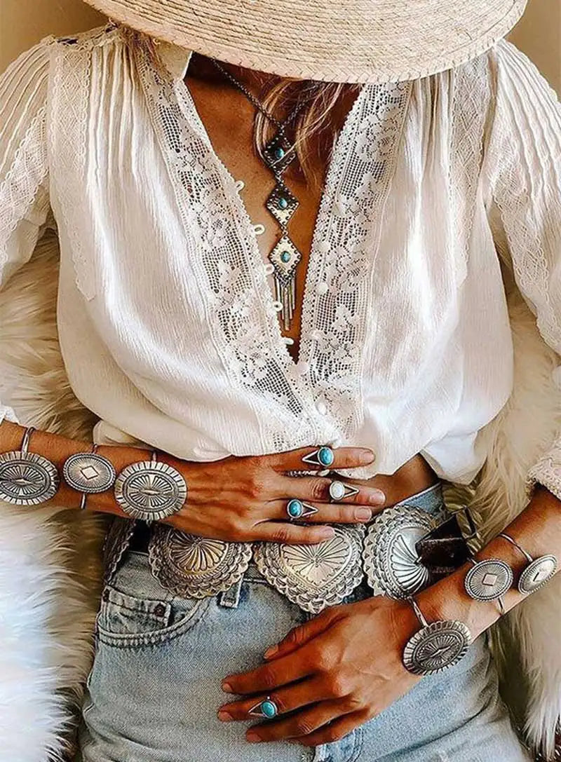 Blusa inspirada boho, camisa feminina de algodão branca, com renda floral bordada, estilo boho solto, gola v, manga comprida, camisetas sexy