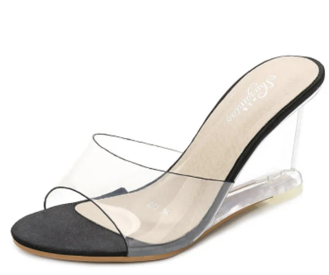 Mclubgirl mclubgirl 2021 sapatos femininos saltos 8cm sandálias de salto cunha sapatos femininos sandálias de cristal transparente chinelos sanda