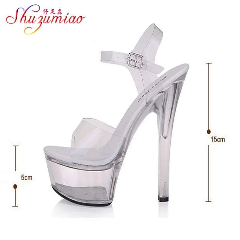 Sandálias de dança de tubo de aço feminino qualidade salto ultra-alto 9-20cm transparente cristal senhora sapatos modelo passarela grande quintal