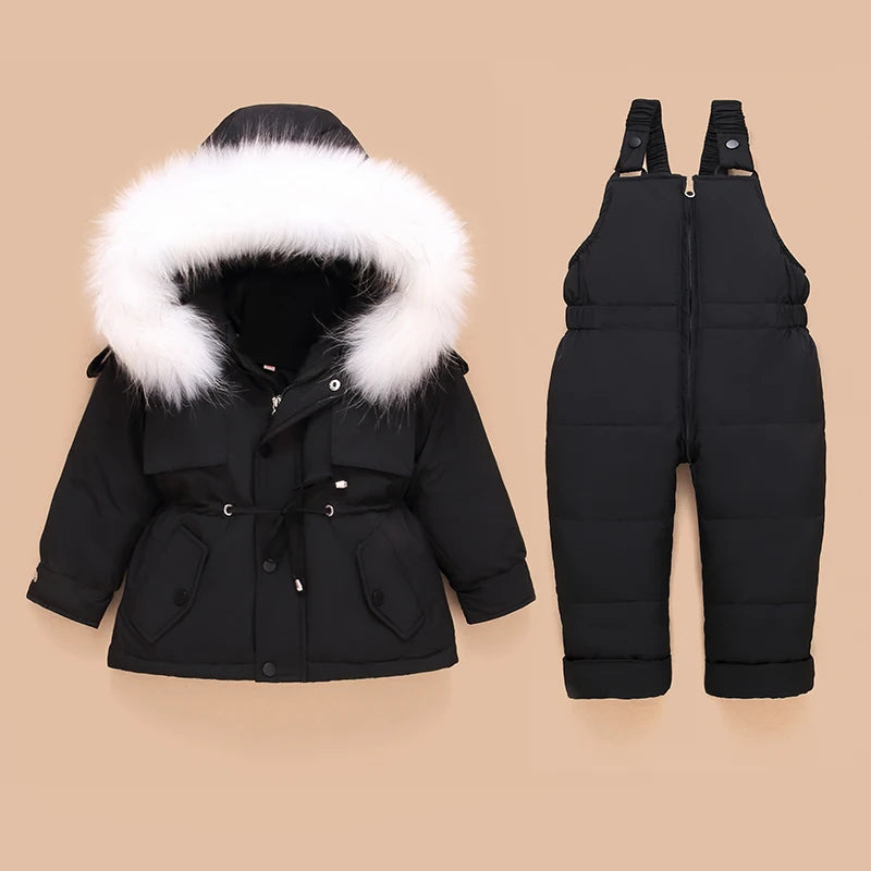 Crianças para baixo casaco jaqueta + macacão crianças da criança menina menino roupas para baixo 2 pçs roupa de inverno terno quente do bebê macacão conjuntos