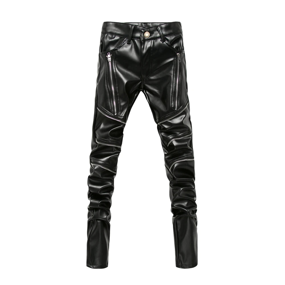 Novo inverno dos homens magro motociclista calças de couro do plutônio alta rua moda motocicleta para masculino palco club wear