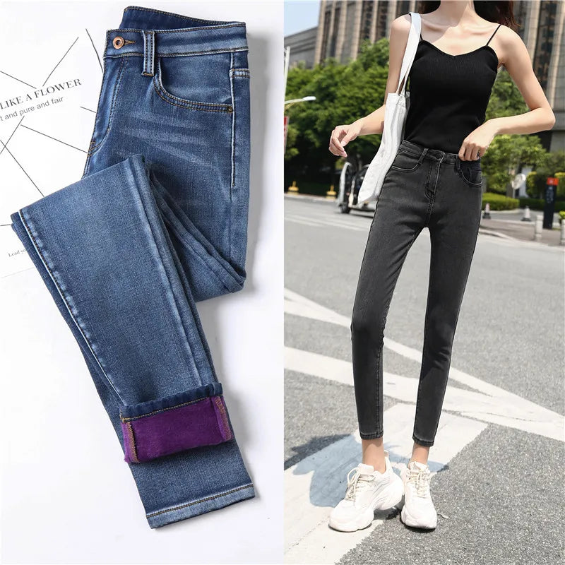 Inverno grosso feminino quente jeans magros simples estiramento veludo velo feminino cintura alta denim lápis calças roupas 36 38 40