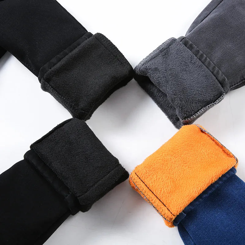 Inverno grosso feminino quente jeans magros simples estiramento veludo velo feminino cintura alta denim lápis calças roupas 36 38 40