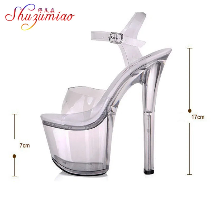 Sandálias de dança de tubo de aço feminino qualidade salto ultra-alto 9-20cm transparente cristal senhora sapatos modelo passarela grande quintal