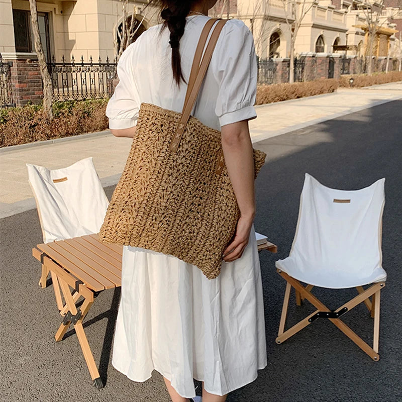 Bolsa de praia de palha oca quadrada artesanal tecido bolsa de ombro ráfia rattan compras saco de viagem boêmio férias de verão casual tote
