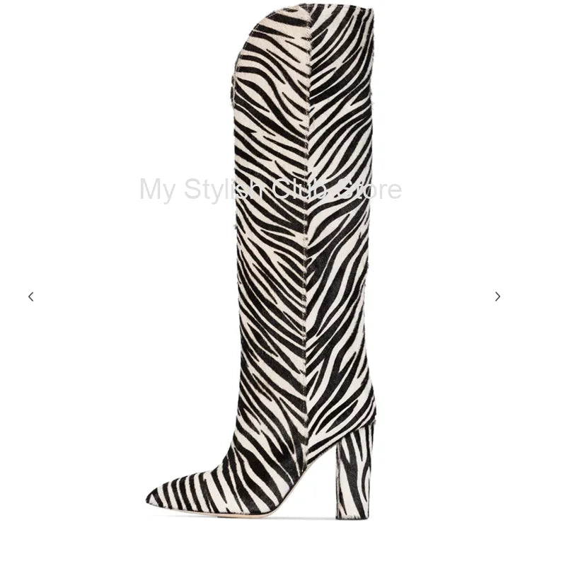 Zebra padrão joelho botas altas mulheres imitação de cabelo de cavalo botas de camurça 11 cm botas de salto redondo primavera outono nova chegada botas altas