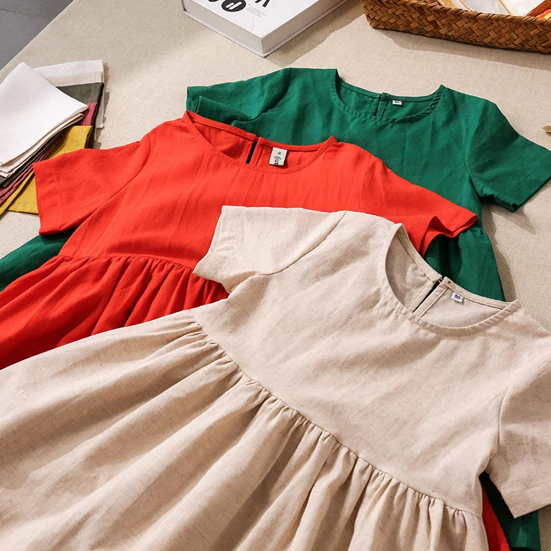 Vestido Mori de Linho para Meninas 2026 Verão Nova Roupa Infantil Vestidos de Princesa de Manga Curta em Algodão e Linho TZ30