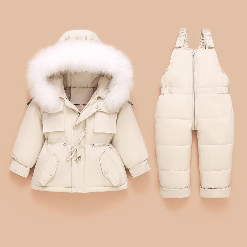 Crianças para baixo casaco jaqueta + macacão crianças da criança menina menino roupas para baixo 2 pçs roupa de inverno terno quente do bebê macacão conjuntos