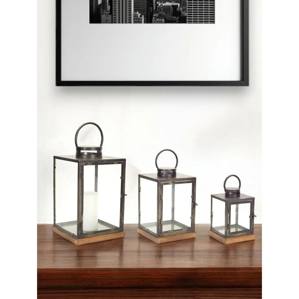 Set of Three Distressed Geometric HMS Floor Lanterns Gray and Brown Glass Metal Wood with Candle Holders