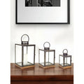 Set of Three Distressed Geometric HMS Floor Lanterns Gray and Brown Glass Metal Wood with Candle Holders