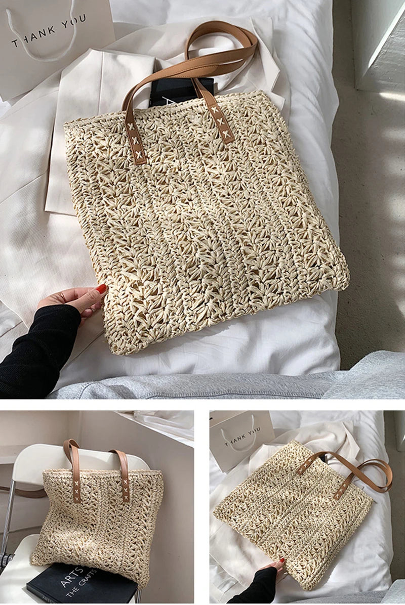 Bolsa de praia de palha oca quadrada artesanal tecido bolsa de ombro ráfia rattan compras saco de viagem boêmio férias de verão casual tote