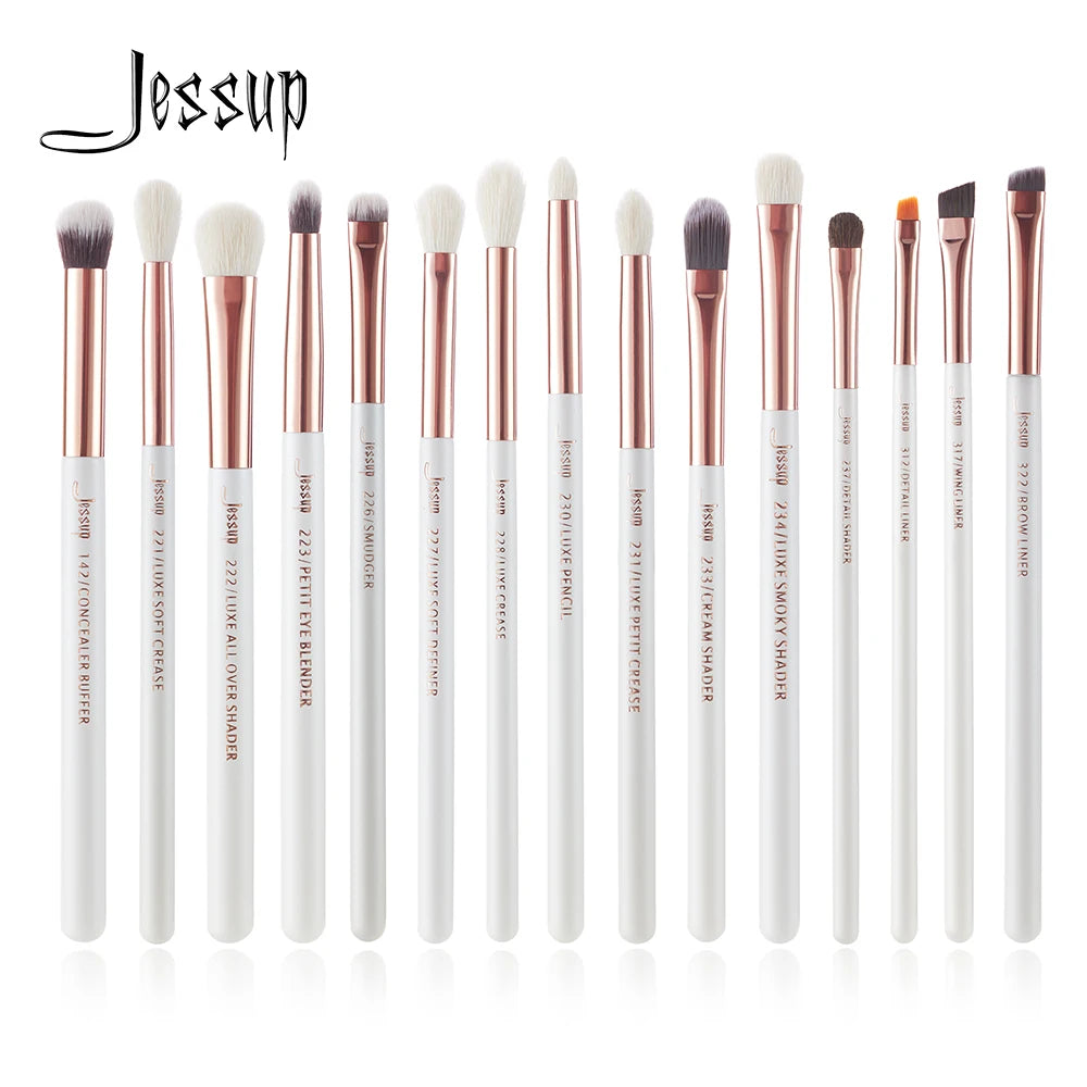 Jessup-profissional pincéis de maquiagem conjunto, 15pcs, pérola, branco, prata, kit de ferramentas, delineador, shader, cabelo sintético natural